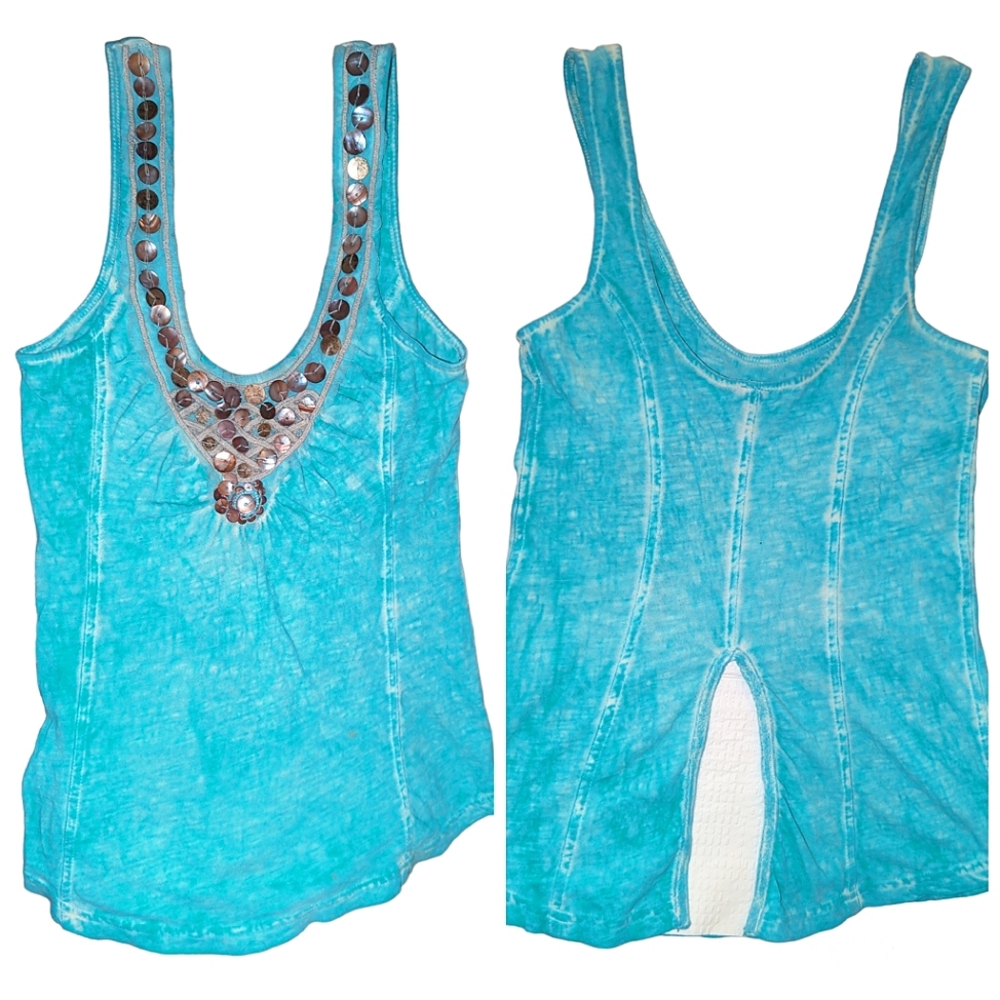 Free People RARE Beaded Cut-Out Festival Tank Top Turquoise VTG Embroidery XS